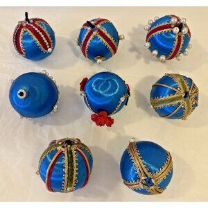 Vintage Spun Silk Lot of 8 Handmade Beaded Crystals Push-Pin Christmas Ornaments